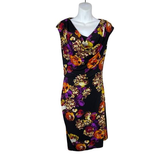 Ronni Nicole Dresses & Skirts - Ronni Nicole Dress 10 Black Floral‎ Ruched Shift Knee Length Cowl Neck